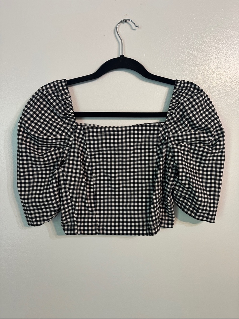 Topshop Black and White Gingham Puff-Sleeve Crop Top US 6